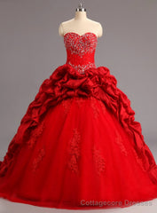 Red Ball Gowns Ruffles Tulle Taffeta Lace Appliques For 15 Year