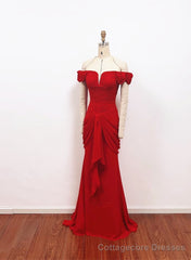 Red Chiffon Mermaid Off Shoulder Wedding Party Dress, Red Long Formal Dress