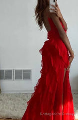 Red Ruffles Long Formal Dress Elegant Evening Dress
