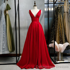 Red Satin Deep V-neckline Prom Gown, Red Floor Length Evening Gown