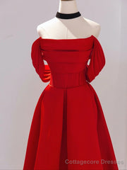 Red Satin Red Satin A-line Scoop Long Party Dress, Red Satin Prom Dress