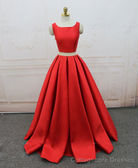 Red Satin Two Pieces Long Prom Dress Red Long Evening Dress