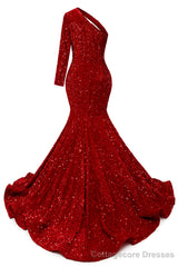 Red Sequins Mermaid Prom Dresses One Shoulder Evening Dresses Floor Length Wedding Party Gowns