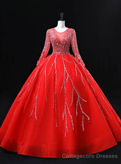 Red Tulle Long Sleeve Beading Sequins Backless Quinceanera Dress