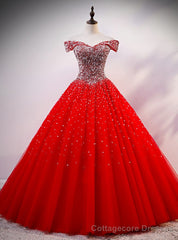 Red Tulle Off the Shoulder Beading Sequins Quinceanera Dress