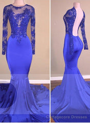 Royal-Blue Long-Sleeves Open-Back Mermaid Charming Sheer Prom Dresses