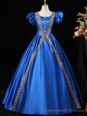 Royal Blue Satin Puff Sleeve Appliques Victorian Vintage Dress
