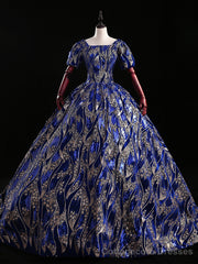 Royal Blue Sequins Short Sleeve Square Quinceanera Dress