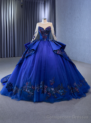 Royal Blue Tulle Long Sleeve Embroidery Prom Dress