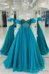 Blue Off-the-Shoulder Beaded A-line Tulle Long Prom Dress