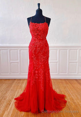 Red Lace Long Prom Dresses, Mermaid Evening Dresses