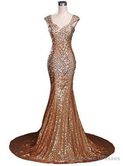 Sexy Mermaid V-neck Sequins Crystal Floor Length Prom Dress