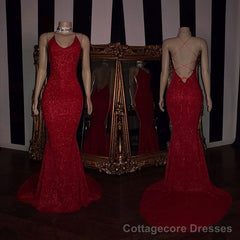 Sexy Spaghetti Straps Red Mermaid Prom Dress Sequins Chiffon Long