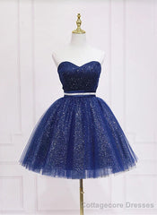 Shiny Navy Blue Tulle Sweetheart Homecoming Dress Blue Prom Dress prom dresses shops