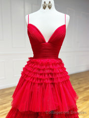 Shiny V Neck Red High Low Prom Dresses, V Neck High Low Red Formal Evening Dresses