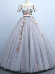 Shop Designer Gray Ball Gown Tulle Off the Shoulder Short Sleeve Embroidery
