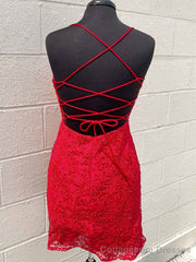 Short Backless Red Lace Prom Dresses, Open Back Short Red Lace Formal Homecoming Dresses