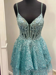 Short Blue Lace Prom Dresses, Short Blue Lace Formal Homecoming Dresses