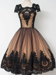 Short Cap Sleeves Black Lace Prom Dresses, Short Black Lace Graduation Homecoming Dresses