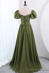 Short Sleeves Scoop Neck Dark Green Satin Prom Dresses, Short Sleeves Green Formal Evening Dresses