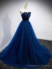 Simple A Line Blue Tulle Long Prom Dress, Blue Tulle Formal Dress