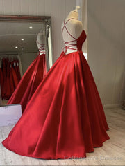 Simple red satin long prom dress, red evening dress