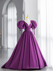 Simple V Neck Puffy Sleeves Satin Long Prom Dress, Satin Evening Dress