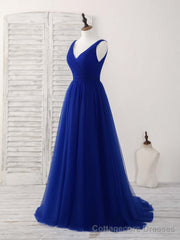 Simple V Neck Royal Blue Tulle Long Prom Dress Blue Evening Dress