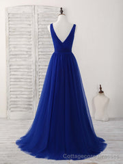 Simple V Neck Royal Blue Tulle Long Prom Dress Blue Evening Dress