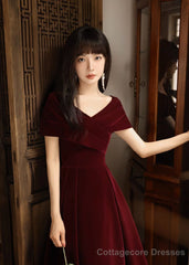 Simple V Neck Velvet Burgundy Long Prom Dress, Burgundy Long Formal Dress