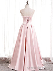Strapless A-line Pink Satin Prom Dresses, Pink Satin Long Party Dress