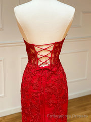 Strapless Red Lace Mermaid Long Prom Dresses, Red Mermaid Long Lace Formal Evening Dresses