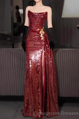 Strapless Sequin Ruched Trained Slit Mermaid Evening Gown