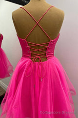 Straps Hot Pink Lace-Up A-Line Homecoming Dress