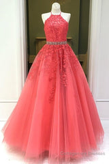 Stylish Backless Coral Lace Long Prom Dress, Coral Lace Formal Graduation Evening Dress