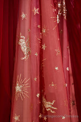 The Red Strapless Tulle Long A-Line Prom Dress is a showstopper. With its off-the-shoulder design and A-line silhouette, it perfectly blends elegance and allure.