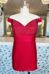 Red Beaded Off-the-Shoulder Sheath Satin Homecoming Dress