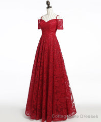 Unique Burgundy Lace Long Prom Dress, Burgundy Evening Dress