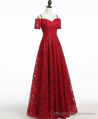 Unique Burgundy Lace Long Prom Dress, Burgundy Evening Dress