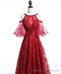 Unique Off Shoulder Tulle Lace Burgundy Long Prom Dress, Evening Dress