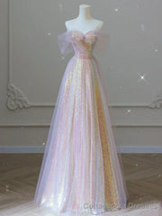 Unique Sweetheart Neck Tulle Sequin Long Prom Dress Tulle Party Dress