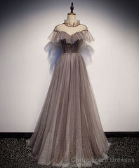 Unique Tulle Long Prom Dress, Tulle Gray Evening Dress