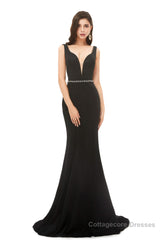 V Back Mermaid V Neck Beaded Waist Prom Dresses