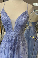 V Neck Long Purple Lace Prom Dresses, Purple V Neck Long Lace Formal Evening Dresses