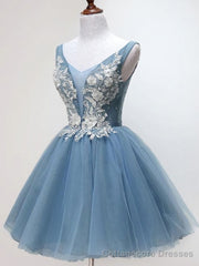 V Neck Short Blue Lace Prom Dresses, Short Blue Lace Graduation Homecoming Dresses