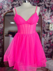 V Neck Short Pink Black Prom Dresses, Short V Neck Formal Homecoming Dresses