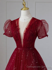 V Neck Tulle Sequin Tea Length Burgundy Prom Dress, Burgundy Evening Dress