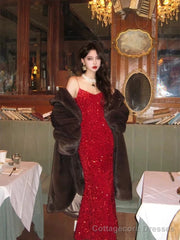 Vintage Mermaid Spaghetti Straps Red Sequin Birthday Dress Prom Dresses