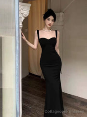 Vintage Mermaid Straps Black Satin Long Birthday Dress Prom Dresses