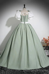 White and Green Floor Length Prom Dress, Lovely A-Line Short Sleeve Evening Party Dress